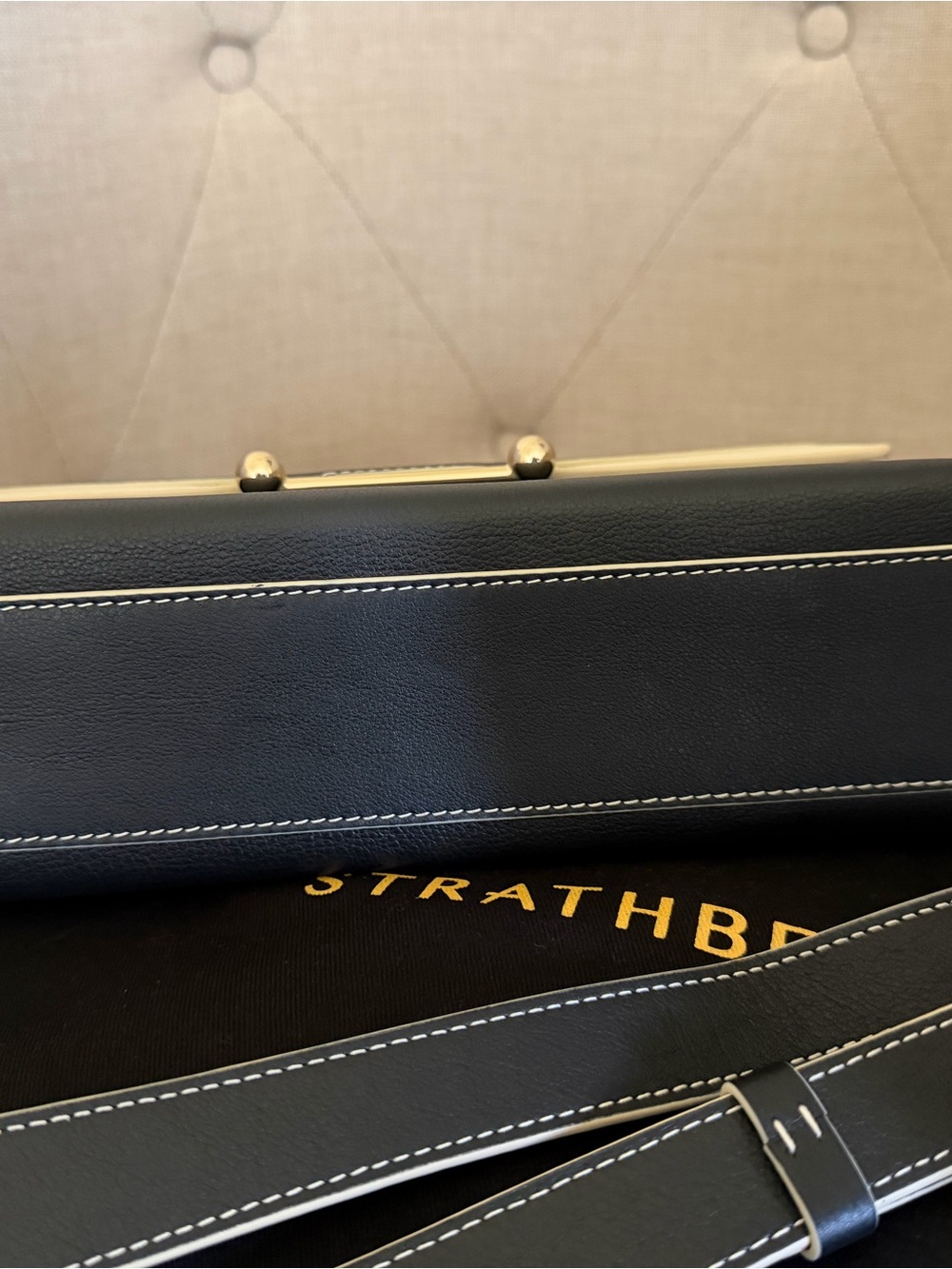 Strathberry Black and White Top Handle Satchel with Gold Hardware - Trinity Bag - Picture 9 of 10
